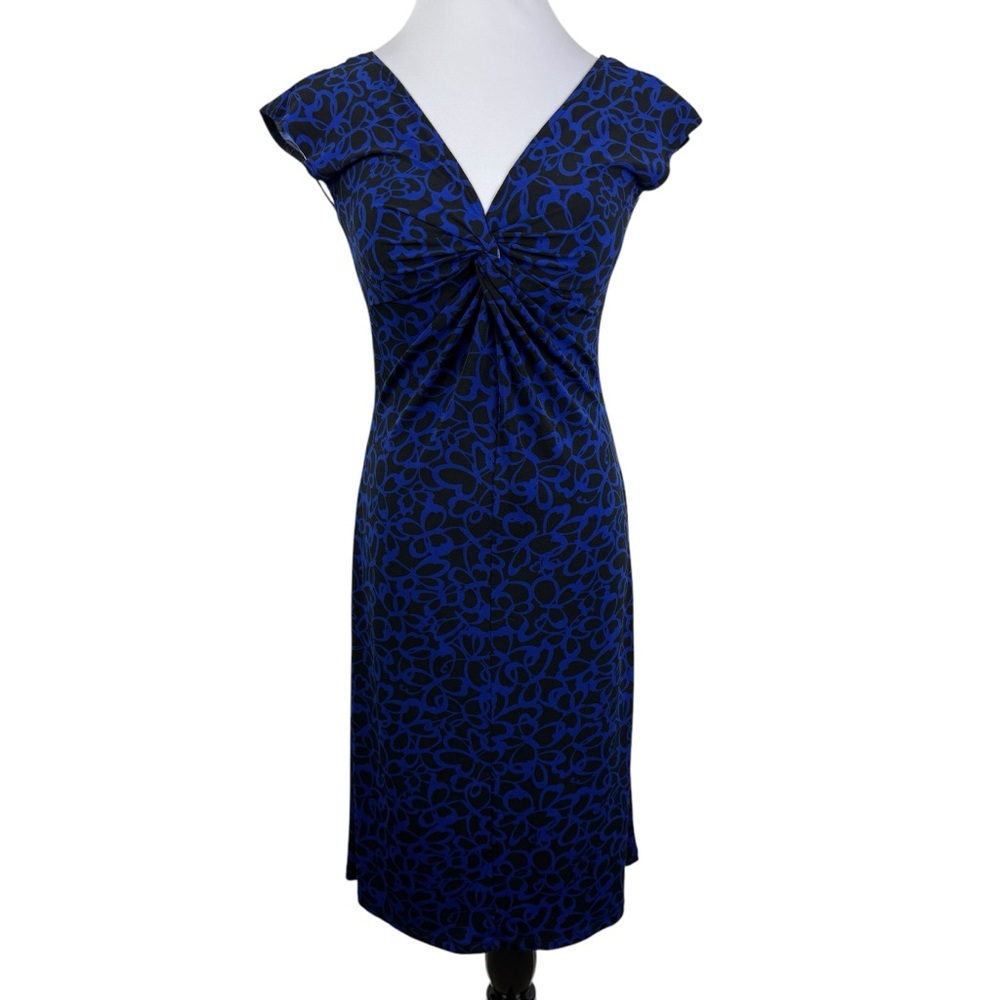 London Times Ruched V-Neck Twist V-Back Sheath‎ Dress Women's 6 Blue Black